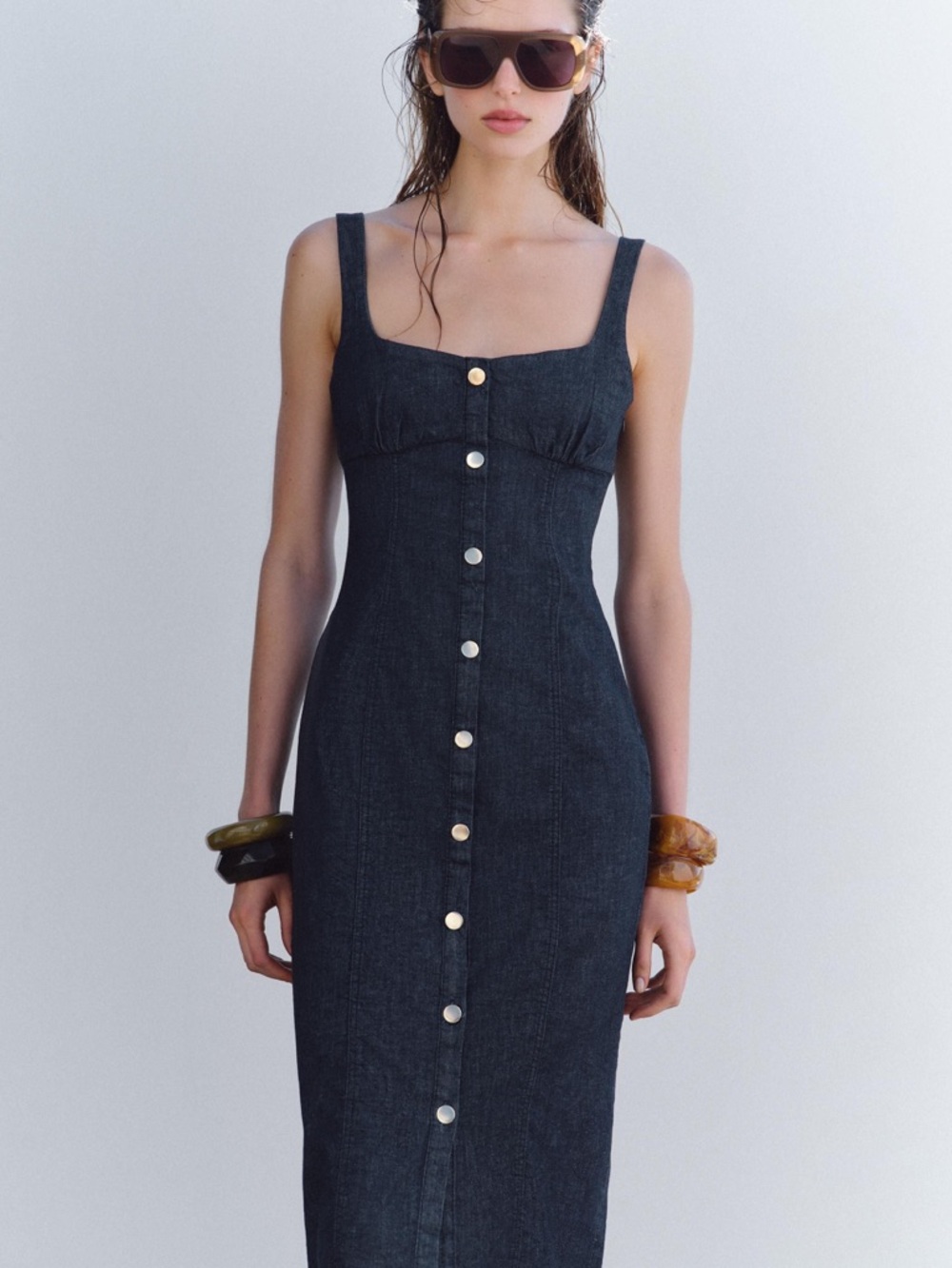 Zara Denim Button-Front Midi Dress